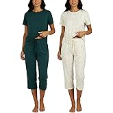 Real Essentials 2 Pack: Womens Pajamas Short Sleeve Sleepwear Tops and Capri Pants Pjs Print Pajama Sets (Available In Plus)