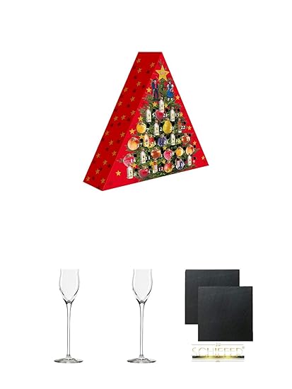 Adventskalender Elztalbrennerei Weis 24 x 0,02 Liter + Edelbrandglas Stölzle 2 Stück + Schiefer Glasuntersetzer 2 Stück