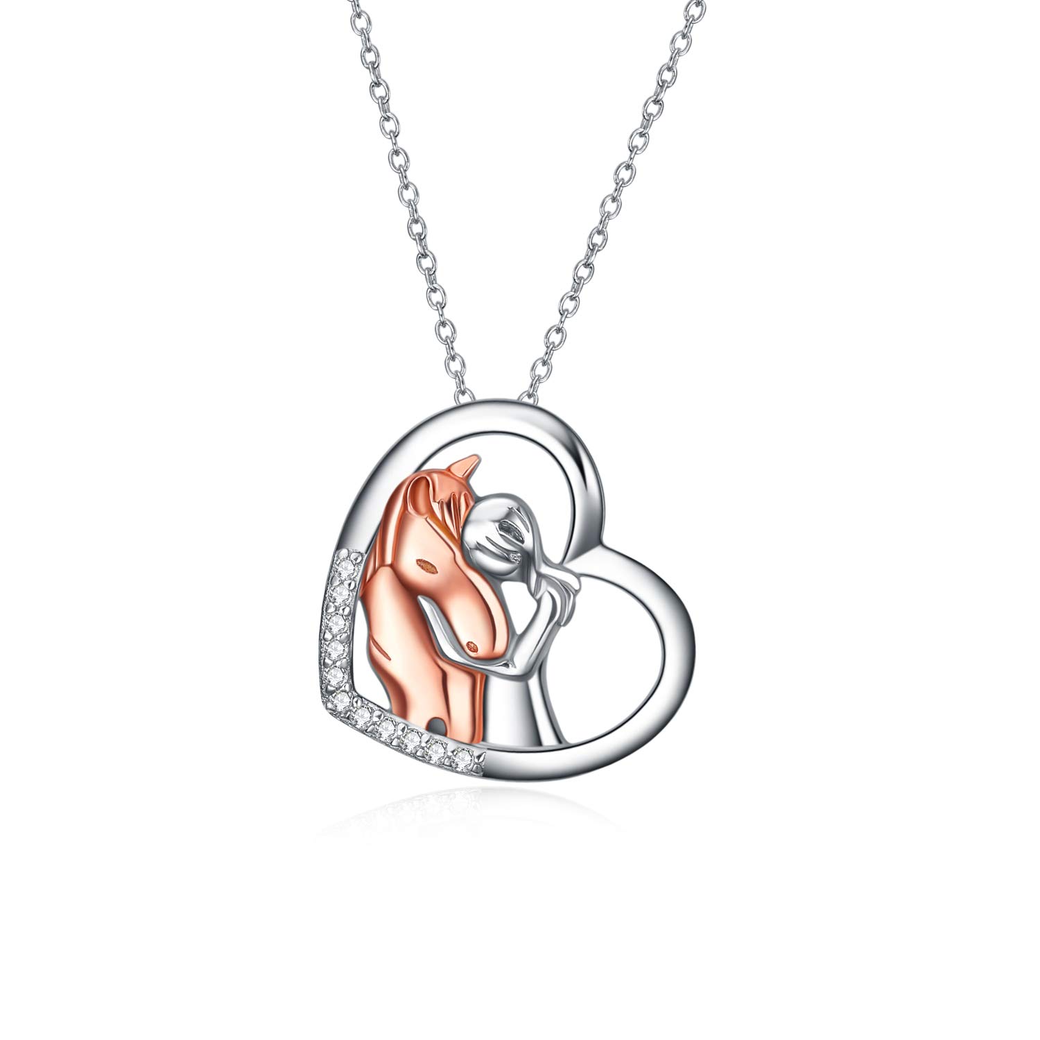 YFN Horse Pendant Necklace Jewelry 925 Sterling Silver Girls Embrace Horse Gift For Women Girls (A Rose Gold Horse Necklace) — image 1