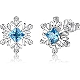 Silver Blue Snowflake Stud Earrings - Frozen Winter Flower Leverback Earrings Christmas Jewelry Gifts for Women