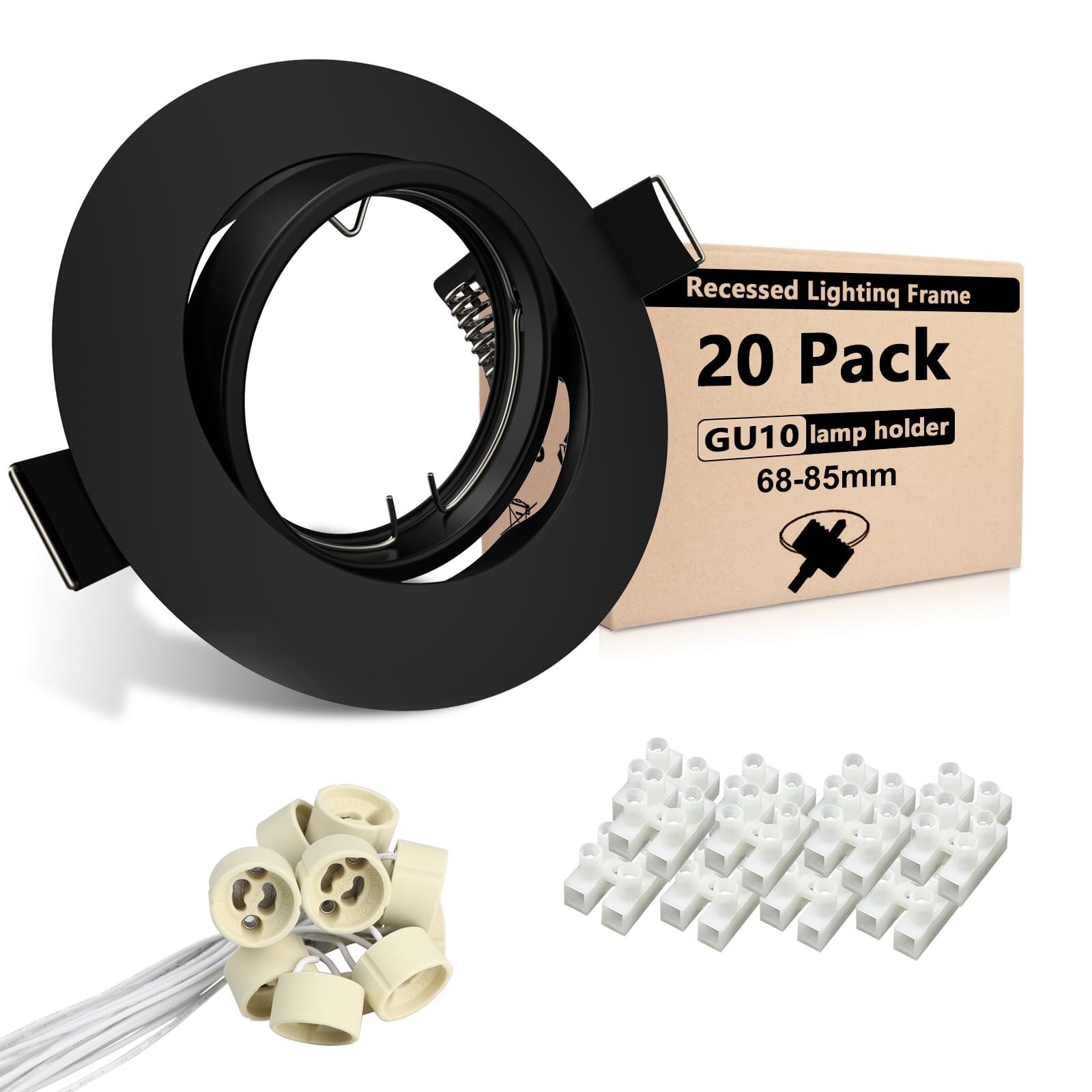 Wondlumi 20x Recessed Ceiling Lights Swivelling Downlight Mounting Frame 68mm Black Round Downlights for Ceiling, Including GU10 Socket