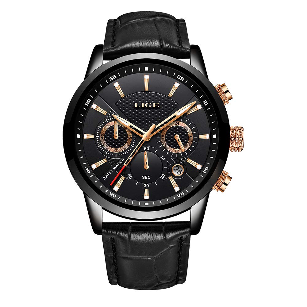 LIGE Men's Watch Chronograph Waterproof Quartz Analog Stainless Steel Leather Strap Design Calendar Watch…, Gold Black, Strap