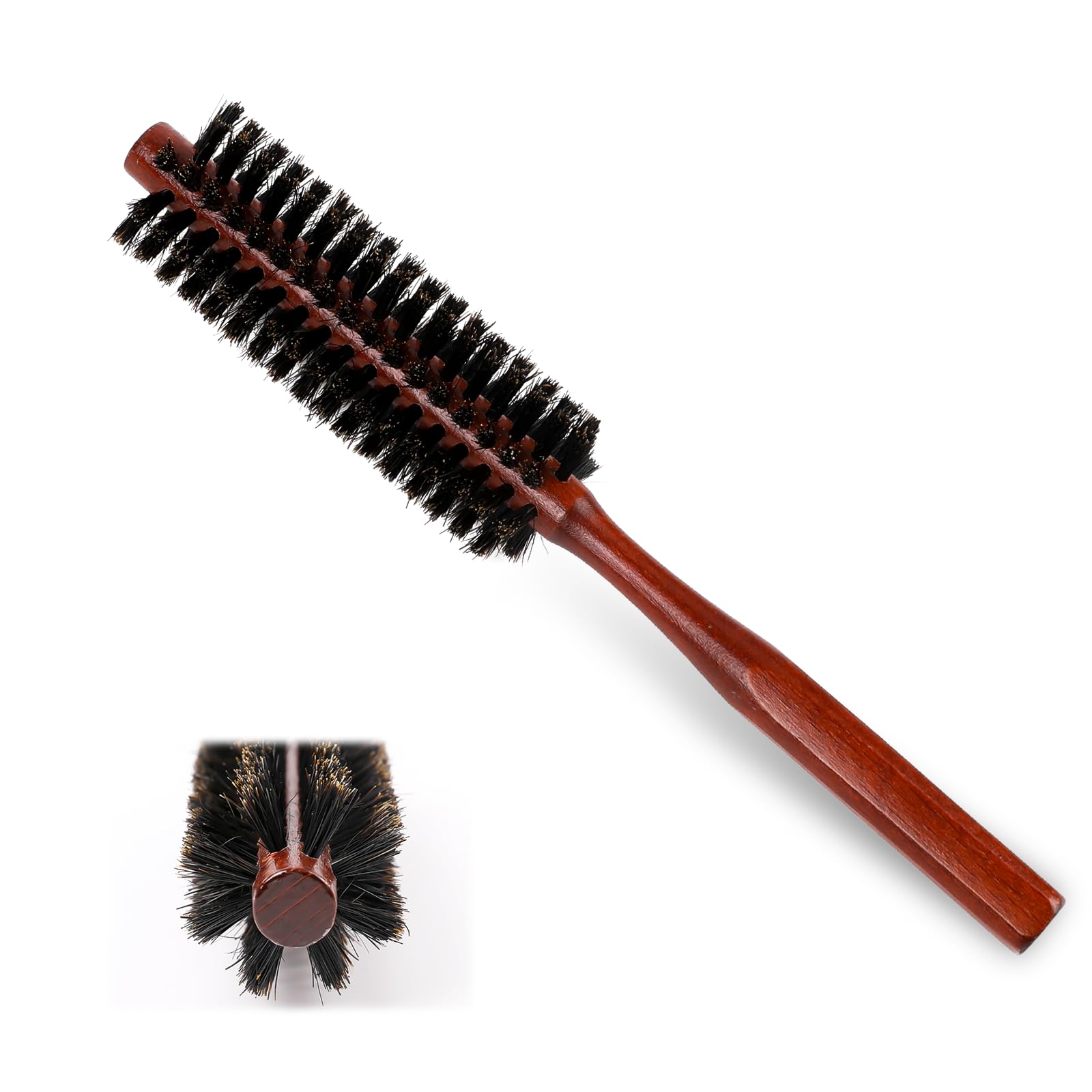 Small Round Hair Brush, Portable Natural Boar Bristle Hairbrush with Wood Handle Mini Bangs Travel Roll Circular Brush, Adding Hair Volume