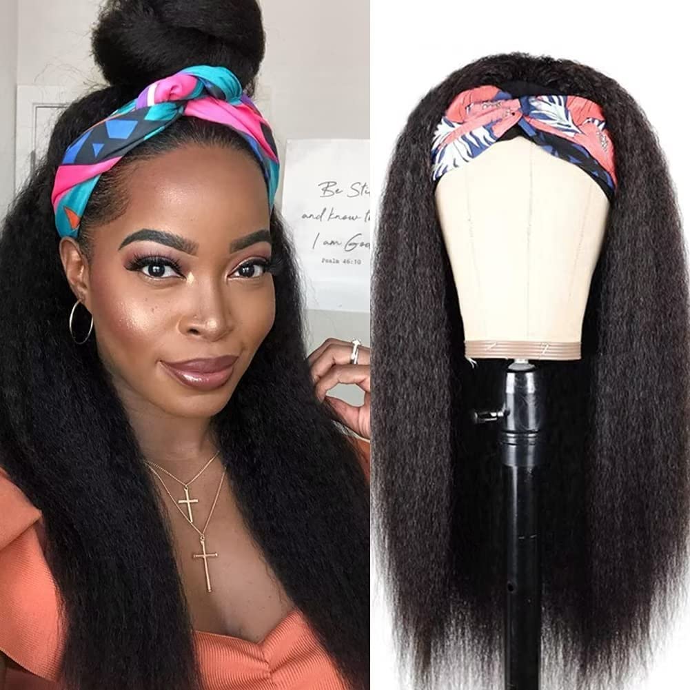Headband Wig Human Hair Yaki Straight 16 Inch Half Wig Glueless Yaki None Lace Front Human Hair Wig Kinky Straight Headband Wig For Women Wear and Go Wigs With Headband Attached