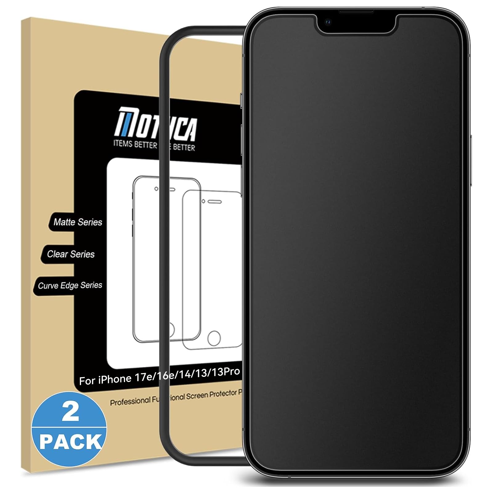 Mothca 2 Pack Matte Glass Screen Protector for iPhone 17e / 16e / iPhone 14 / iPhone 13 / iPhone 13 Pro [6.1 Inch] Anti-Glare & Anti-Fingerprint Tempered Glass [Easy Installation Frame] Smooth as Silk