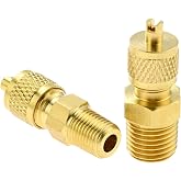 Aupoko Brass Pipe Fitting, Tubing Adapter Hose Connector | 1/4" NPT x 1/4" SAE, 1/8" NPT x 1/4" SAE, with Service Access Valve Cap, Solid Brass Nipple for Air Conditioner Refrigeration