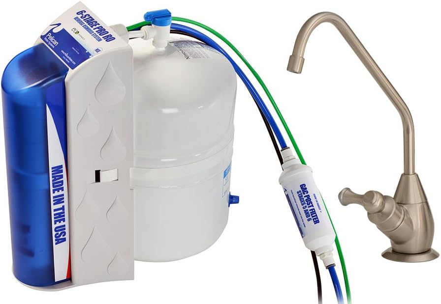Pelican Water PRO-RO-BN Pro 6-Stage Under Countertop Reverse Osmosis Drinking Water Filtration and Purification System Brushed Nickel Faucet Dispenser, White
