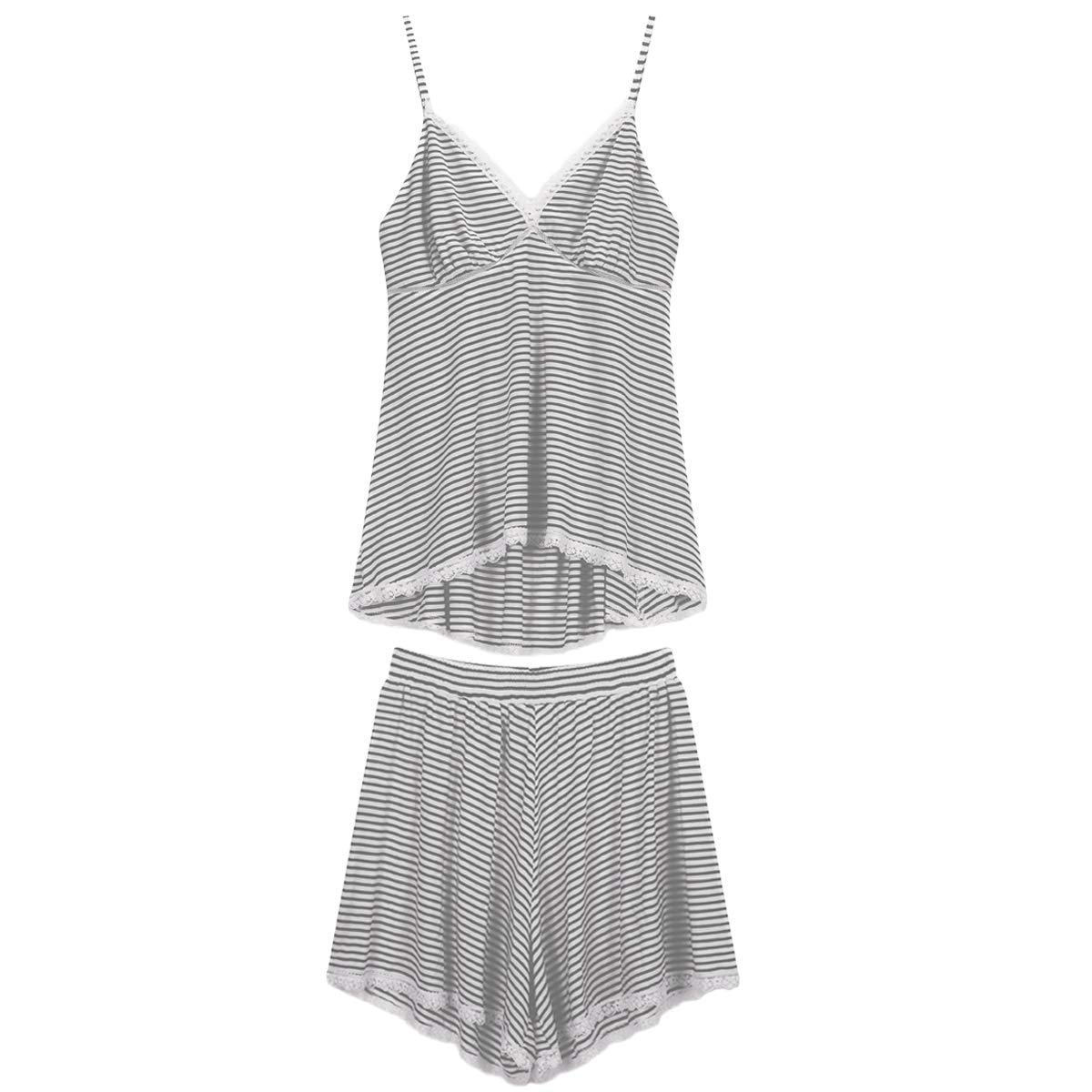 Espoir Women\'s Pajama Set Deep V Neck Lace Trim Cami Tops and Shorts Sleepwear Grey and White Stripe M