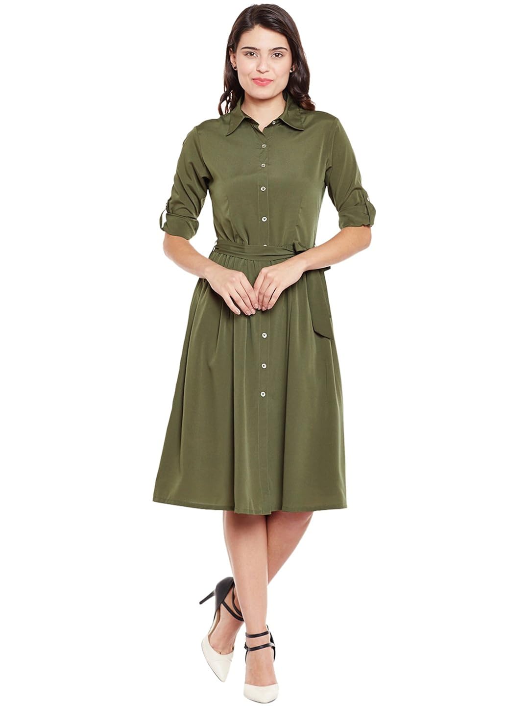 wisstler women's olive green poly crepe shirt dress with belt