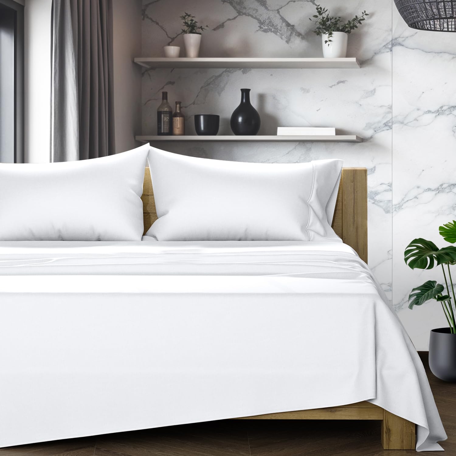 Photo 1 of TEXAS LINEN CO. 100% Egyptian Cotton Sheets California King Size Bed Set - 4 PC 1200 Luxury High Thread Count White Cal King Sheet Set, Silky Soft, Cooling, Sateen Weave, 17" Deep Pocket Bedsheet