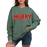 Gihuo Christmas Sweatshirts for Women Glitter Patch Merry Letter Shirts Chenille Oversized Pullover Tops