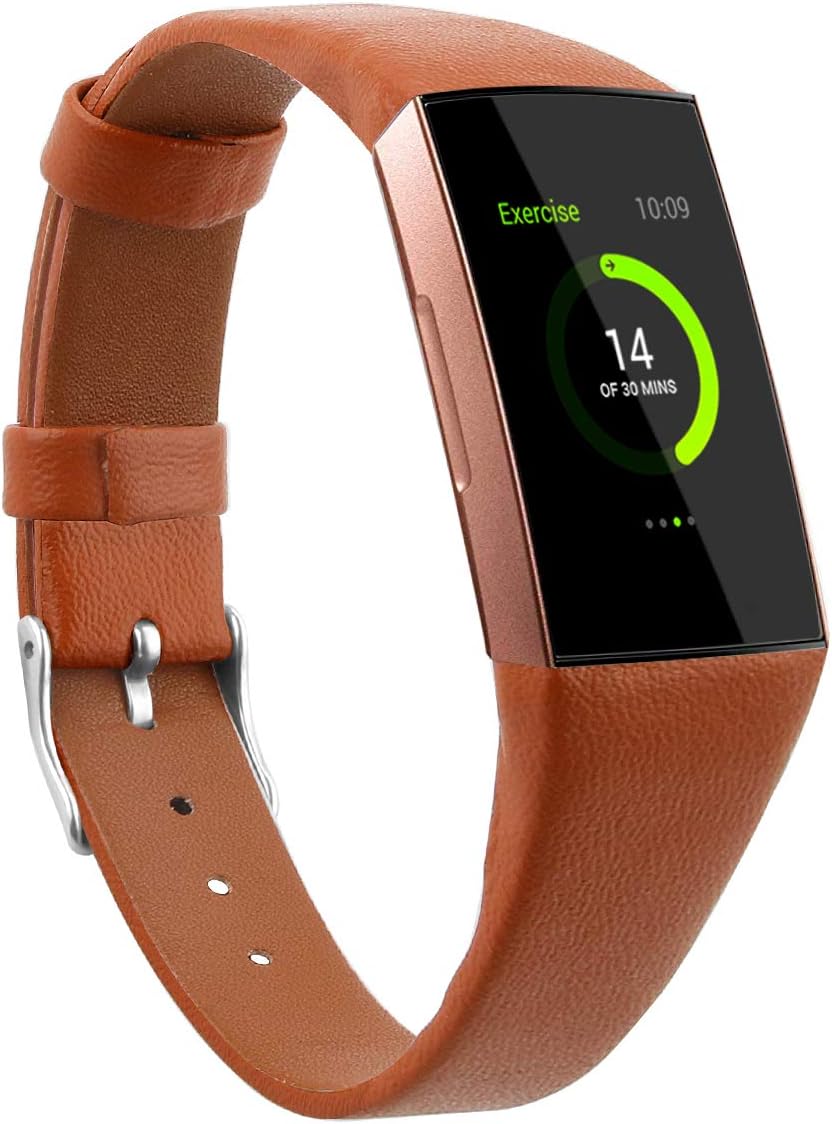 Mtozon Leather Bands Compatible with Fitbit Charge 3/Charge 4, Replacement Accessories Wristband Straps for Women Men, Brown Small