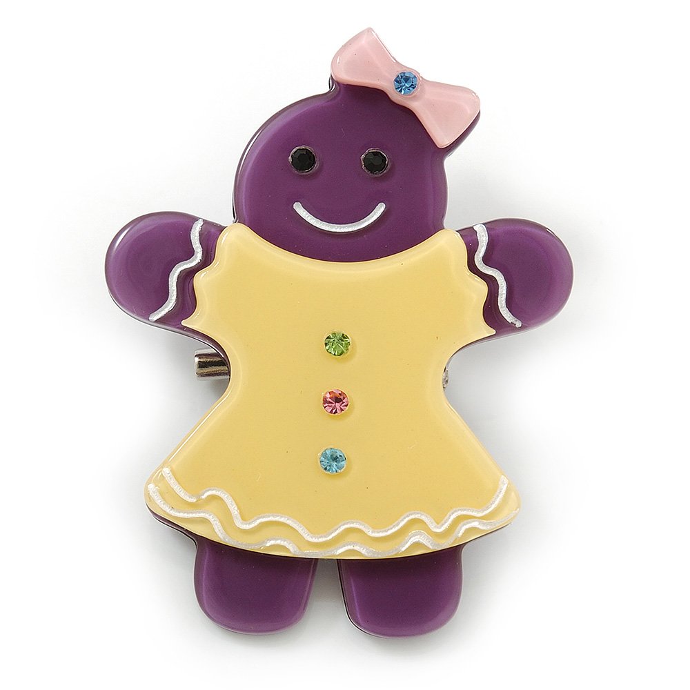 Purple/Bright Yellow Austrian Crystal Acrylic 'Gingerbread Girl' Brooch - 50mm Length