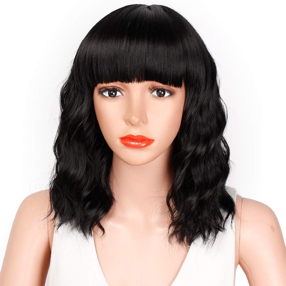 ColorfulPanda 14" Black Wavy Curly Bob Wigs for Women Ladies Natural Looking and Heat Resistant Synthetic Hair Short Wig with Fringe for Daily Cosplay Party - Image 3