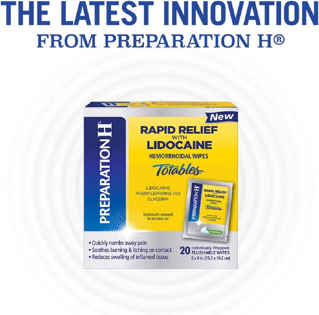Preparation H Rapid Relief with Lidocaine Hemorrhoid Symptom Treatment Flushable Wipes, Numbing Relief for Pain, Burning and Itching, Reduces Swelling, 10 Count Box: Health & Personal Care
