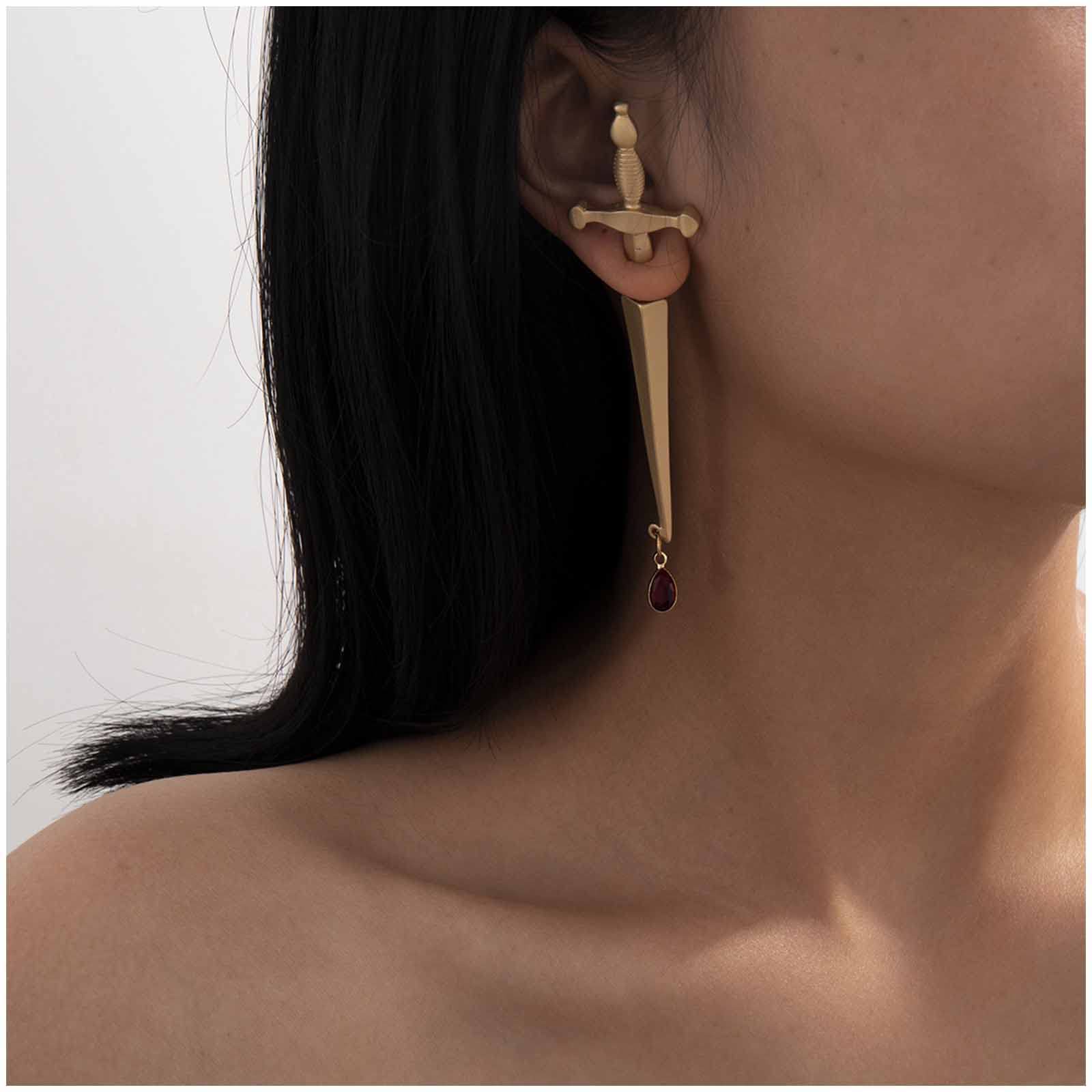 Cimenexe Punk Sword Earrings Vintage Sword Studs Earrings Retro Dagger Stud Earrings Gold Waterdrop Crystal Earrings Jewelry for Women and Girls Gifts