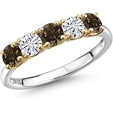 Gem Stone King 1.24 Cttw Brown Smoky Quartz and White Moissanite Wedding-Bands Ring For Women | 925 Silver and 10K Yellow Gold | Round 4MM | Wedding Engagement Anniversary Promise Ring