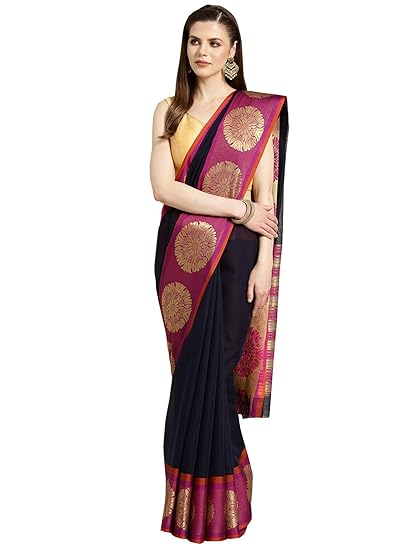 Womens Silk Blend Navy Blue Woven Saree