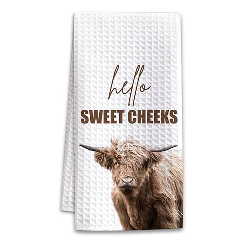 Highland cow bathroom decor hand towels, farmhouse bathroom decor towel, Western home decoration Hello Sweet Cheeks Farmhouse Cow Decorative Hand Towels, highland cow decor gifts, Set of 1 -A05