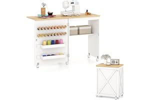 Giantex Folding Sewing Table - Farmhouse Sewing Machine Cabinet with Barn Door, 18 Pegs, 2 Storage Trays, Craft Station Side Desk Cart on Lockable Wheels (White & Natural, 46''L x 16''W x 30''H)
