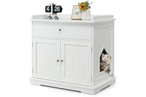 Tangkula Litter Box Enclosure, Cat Litter Box Furniture Hidden with Large Drawer, 2 Doors, Indoor Cat Washroom Storage Bench Side Table Cat House, Large Wooden Enclosed Litter Box Cabinet (White)