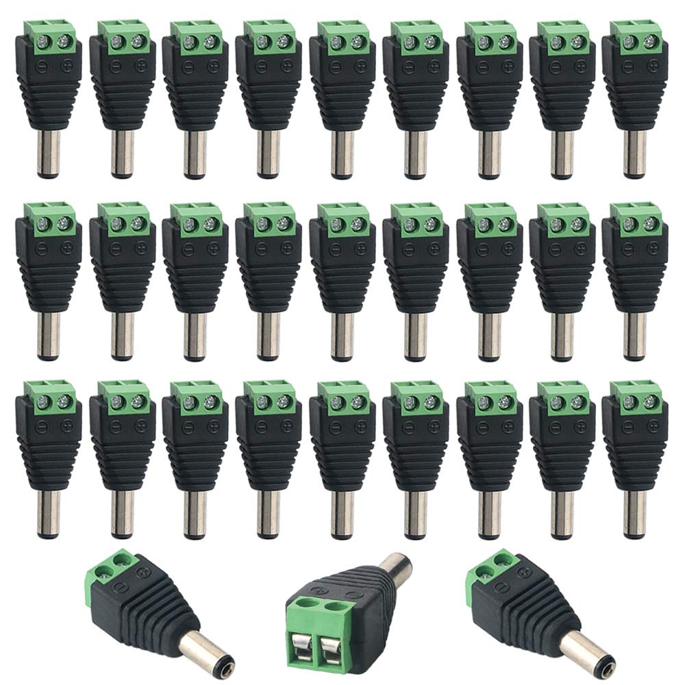 QitinDasen 30 Pieces 2.1 X 5.5 mm 12V DC Power Connector Male Plug, 2 Pin Male DC Power Connector, Solderless Screw Terminal