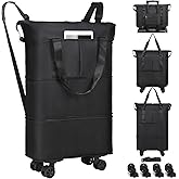 VOOWO Duffel Bag with Wheels - Rolling Foldable Expandable Duffle Bag with Wheels for Travel, Rolling Luggage Bag Carry On Travel Bag with Wheels, Large Wheeled Overnight Weekender Bag (Black)
