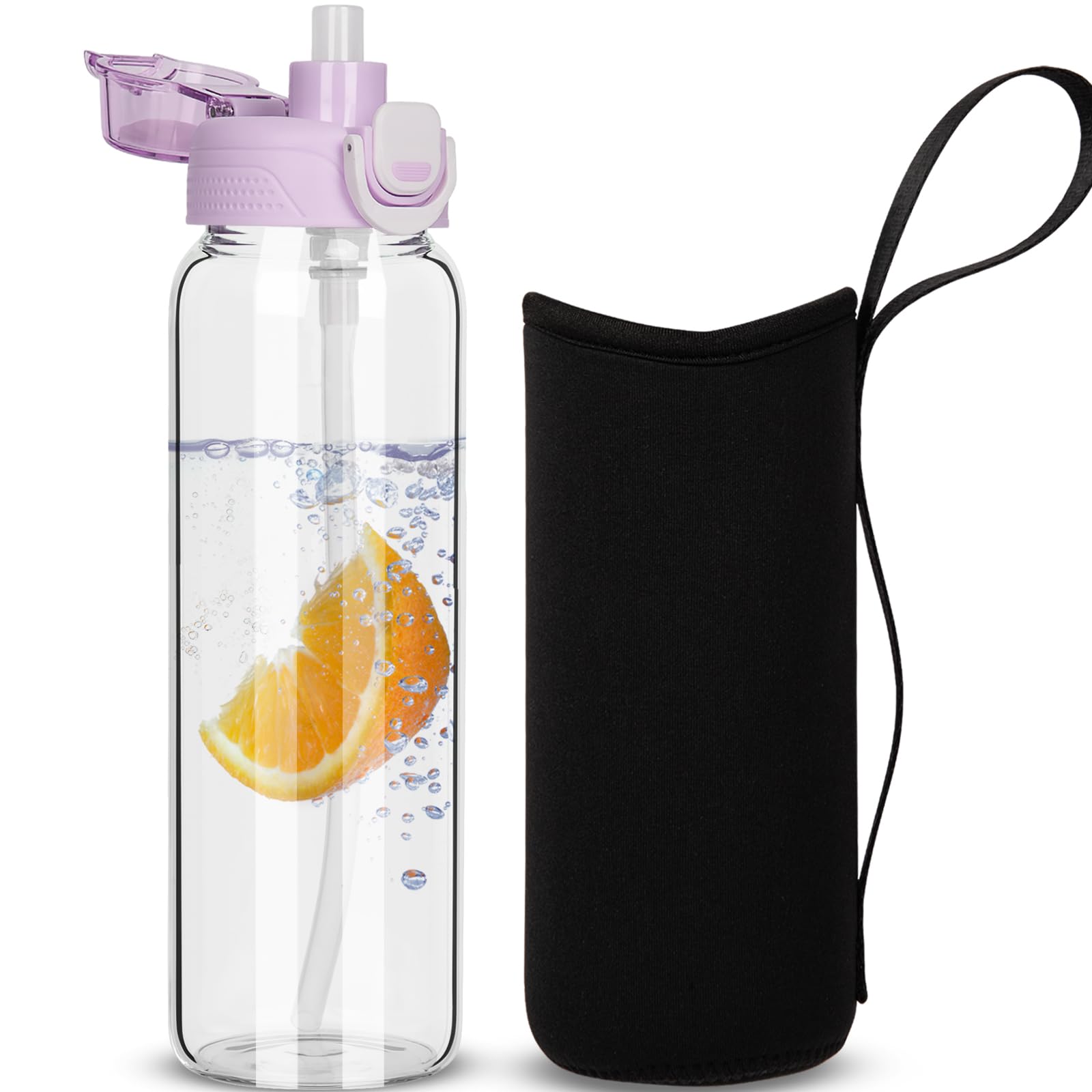 DEARRAY 800ml Glass Water Bottle with Straw & Neoprene Sleeve 0.8l BPA free Glass Drinking Bottle Leakproof