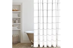 HALL & PERRY Shower Curtain with Fringe Tassels in Ellis Design- White Fabric with Black Grid Lines 100% Cotton 72/''x84/'', Ellis White and Black