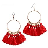 QUPENGXU Statement Tassel Colorful Fan Shape Earrings Geometric Hoop Bohemian Handmade Earrings For Women