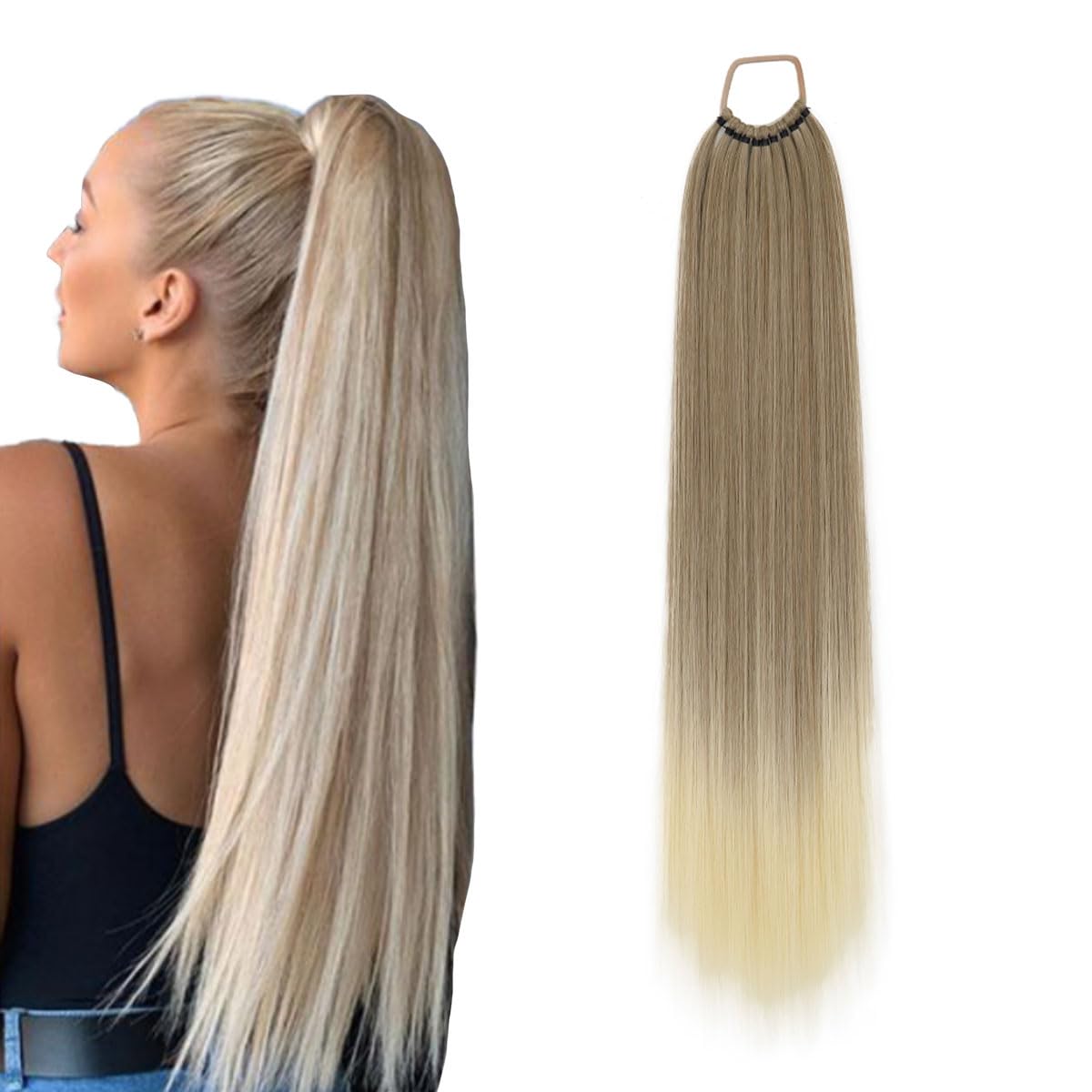 prinfantasy Wrap Around Ponytail Synthetic Hairpieces Long Straight Hair Extension 24 Inches Dark Root to Blonde Fluffy Pony for Women,GBMW288