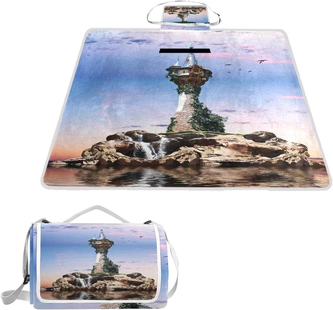 XINGAKA Picnic Blanket,Fictional Wizards Tower Sitting Rock Island Home Of Magician Supernatural Theme，Large Beach Blanket Outdoor Camping,Waterproof Backing,Foldable