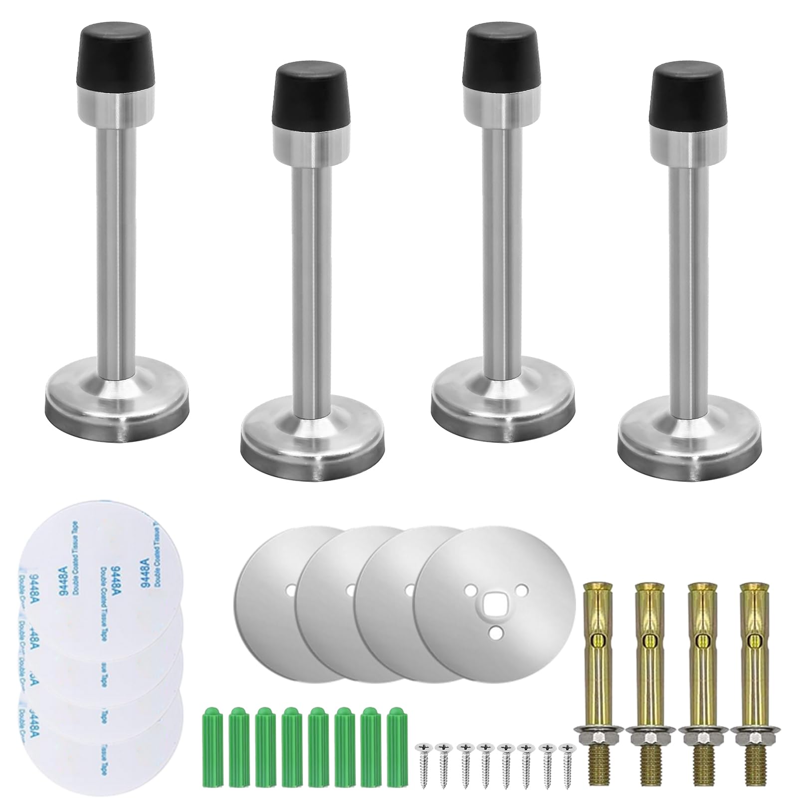 4Pcs Sound Dampening Brushed Door Stop, 75mm Stainless Steel Wall Mounted Doorstop, Modern Door Stopper with Rubber Bumper Tip Tape Screws, Heavy Duty Skirting Board Buffer for Bedroom Office Hotel