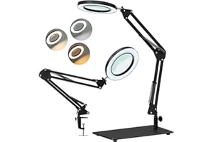 KUVRS 10X Magnifying Glass with Light, 2-in-1Anti-Tipping Base & Clamp Magnifying Lamp, 3 Color Modes Stepless Dimmable, Adjustable Swing Arm Lighted Magnifying Glass for Hobby, Soldering, Close Work