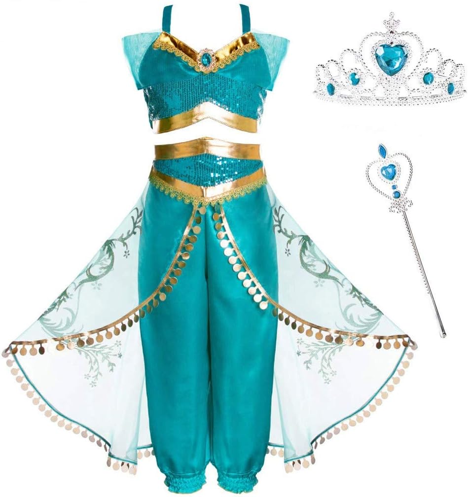 SUGLORY Princess Jasmine Costume for Girls Sequined Jasmine Aladdin Arabian Princess Costume Set Dress Up for Kids, with Fairy Crown Wand