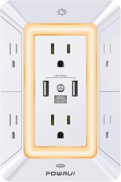 POWRUI Multi Plug 6 Outlet Surge Protector Extender with 3 USB Ports (1 USB C) and Night Light, 3-Sided Power Strip with Adap