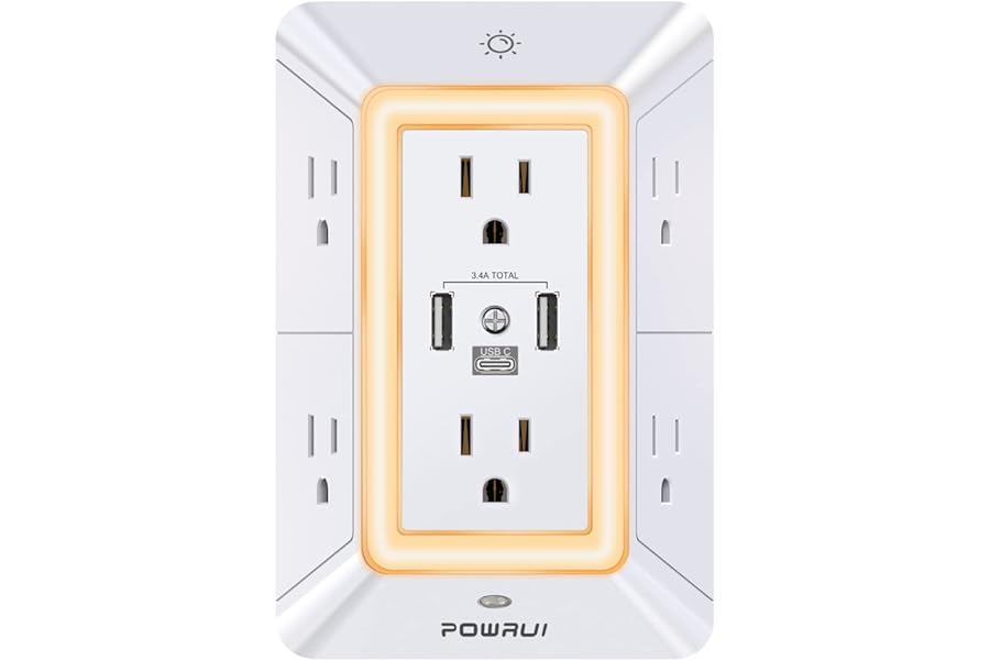 POWRUI Multi Plug 6 Outlet Surge Protector Extender with 3 USB Ports (1 USB C) and Night Light, 3-Sided Power Strip with Adap