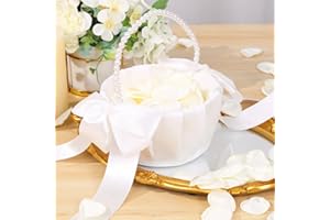 BINSUNS 1 Pack Wedding Flower Girl Basket with 200Pcs Silk Petals, Pearl Handle and Ribbon Bow Wedding basket - Artificial Flowers for Romantic Night Bridal Party Home Decorations(Ribbon Bow)