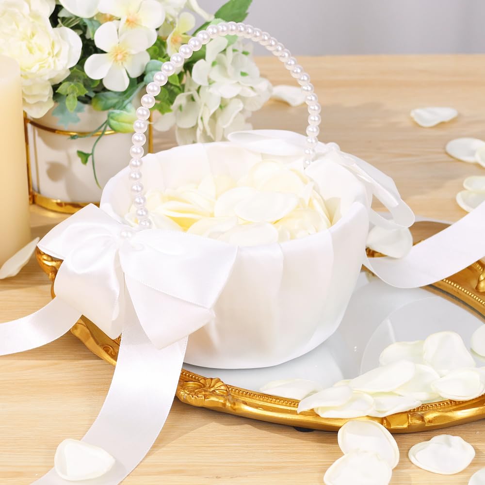 Photo 1 of 1 Pack Wedding Flower Girl Basket with 200Pcs Silk Petals, Pearl Handle and Ribbon Bow Wedding basket - Artificial Flowers for Romantic Night Bridal Party Home Decorations(Ribbon Bow)