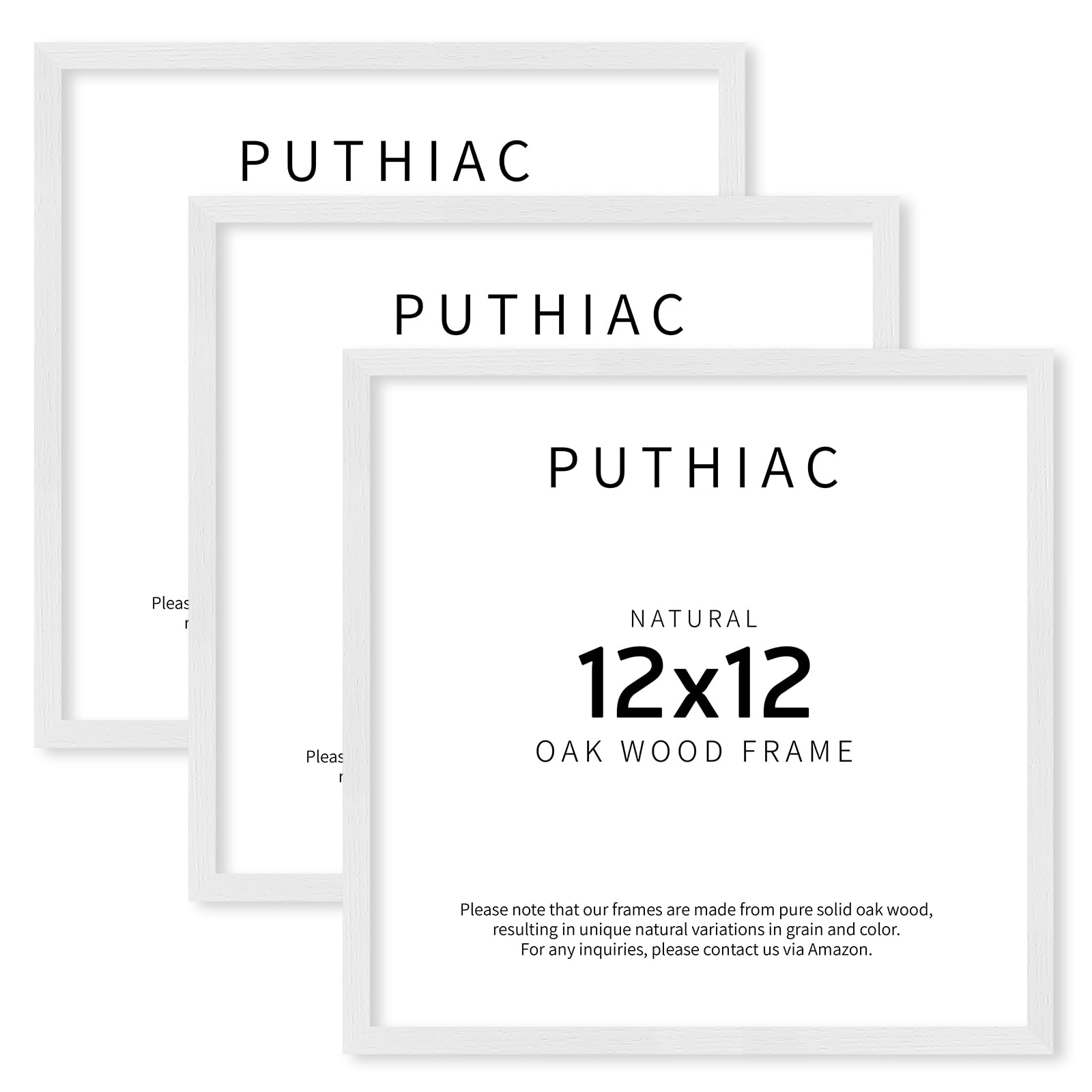 puthiac 12x12 Solid Oak Wood Picture Frame, Fits 8x8 with Mat or 12x12 Without Mat, Wall Display Only, Plexi Front, 3 Pack, White Image