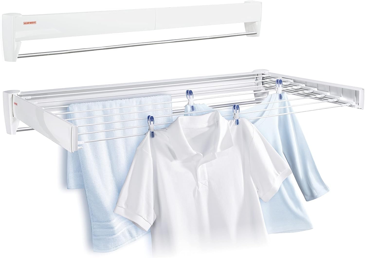 Leifheit Telegant 81 Protect Plus Wall-Mounted Clothes Airer, Foldaway Towel Rack for Indoor & Outdoor, Clothes Drying Rack for Indoor or Outdoor, 103 x 53 cm, 8.1 m Drying Space, White โ image 1