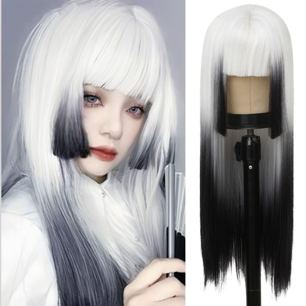 Siudus White to Black Long Womens Wig Straight Ombre White Anime Hair Wig with Bangs Synthetic Heat Resistant Fiber for Cosplay Halloween Use — image 1