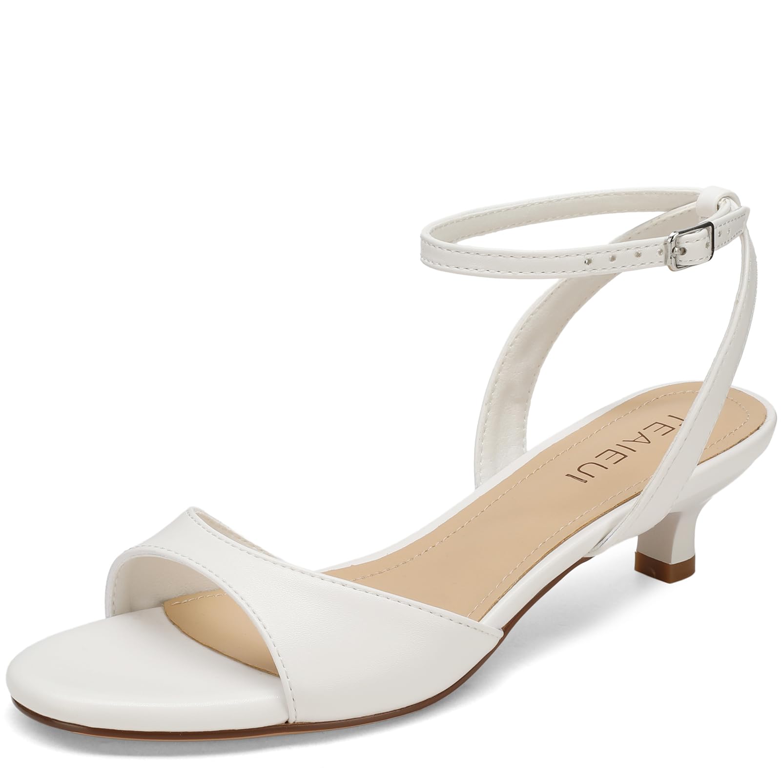 Photo 1 of TEAIEUI Women's Sandals Kitten Heels Low Strappy Heels Open Toe Ankle Strap Sandals for Women Party Wedding Dress Shoes White 7