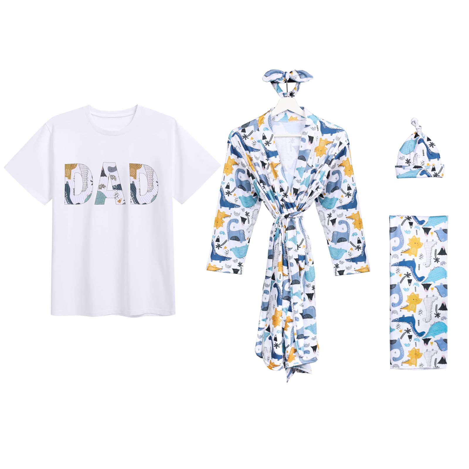 Photo 1 of ****ONLY T-SHIRT***Mommy and Me Robe and Swaddle Set Animal Maternity and Baby Matching Hospital Labor Delivery Swaddling Wrap Blanket T-Shirt with Headband Hat for Mom Dad Girls Boys Outfit Blue Dinosaur Daddy M