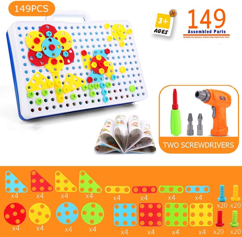 ZHENDUO 149Pcs Design and Drill 3D Puzzle Toy Construction Toys Building Block Electric Drill Puzzle Toy Tool Kit Set Assembly Take Apart Toy Stem Toys Educational Toys
