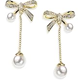 Sonateomber Gold Bow Stud Earrings for Women Cute Dainty Small Pearl Dangle Drop Ribbon Earings Dangling Holiday Prom Fashion Jewelry Gift