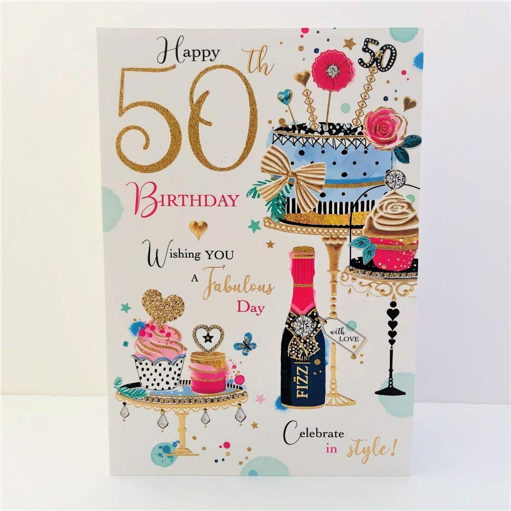 Jonny Javelin Female Happy 50th Age 50 Birthday Card - Birthday Cake Champagne