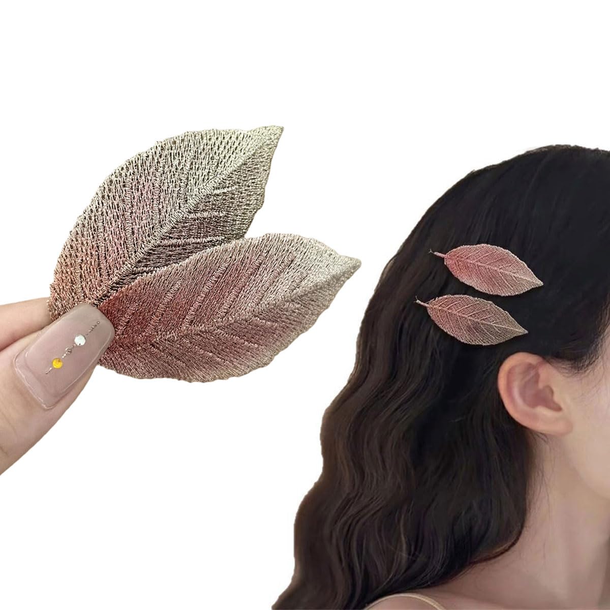 Photo 1 of (2 Pcs) Super Beautiful Elegant Girls Woman Embrcidery Leaf Hairpin Leaves Embroider Clothes Hairpin Hair Clips Decoration Salon Hairstyle Hairdressing Valentine Christmas Gift -Pink