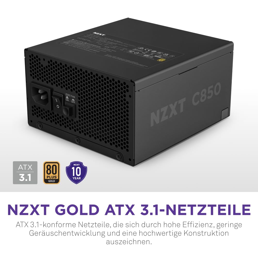 NZXT C850 Gold ATX 3.1 - Vollständig modulares, geräuscharmes PC-Gaming-Netzteil - 850 Watt - 80 Plus Gold - 12V-2x6-Anschluss - Zero Fan-Modus - 100% japanische Kondensatoren - Schwarz 2