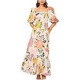 Hykytyhk Women's Boho Floral Maxi Dress Short Sleeve Square Neck Ruffle A Line Long Sun Dresses